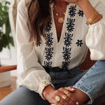 White Floral Embroidered Frill V Neck Puff Sleeve Blouse