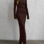 Bodycon High Waisted Backless Solid Color Round-Neck Maxi Dresses