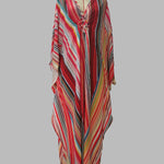 Batwing Sleeves Loose Printed Split-Joint Striped V-Neck Maxi Dresses
