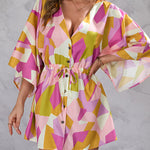 A-Line Half Sleeves Buttoned Drawstring Printed V-Neck Mini Dresses