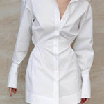 High Waisted Long Sleeves Buttoned Pleated Solid Color Lapel Mini Dresses Shirt Dress
