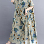 Artistic Retro Loose Floral Printed Pleated Vacation Midi Dress