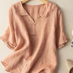 Cotton And Linen Retro Short Sleeved Navy Doll Collar Thin Shirt