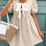 A-Line Loose Bowknot Elasticity Pleated Round-Neck Mini Dresses