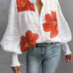 Loose Puff Sleeves Buttoned Flower Print Stand Collar Blouses&Shirts Tops