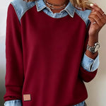 Women'S Casual Lapel Denim Stitching Pullover Sweatshirt