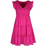 Loose Sleeveless Ruffle Trim Solid Color Split-Joint Deep V-Neck Mini Dresses