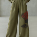 Loose Wide Leg Floral Printed Pleated Split-Joint Pants Trousers