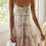 A-Line Loose Flower Print Layered Pleated Split-Joint Tied Spaghetti-Neck Mini Dresses