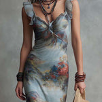 Boho-Vintage Elegant Painterly Floral Chiffon Ruffle Maxi Dress