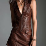 Chocolate Brown Eco Leather Zip-Front Mini Dress With Utility Pockets