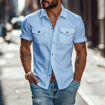 Men's Classic Casual Solid Color Slim Fit Multi-Pocket Polyester Cotton Short Sleeve Shirt