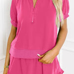 Women's Casual Half-zip Top and Ruffle Shorts Set