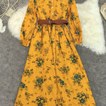 A-Line Elasticated Waist Belted Buttoned Contrast Color Flower Print Pleated Split-Joint Lapel Maxi Dresses Shirt Dress
