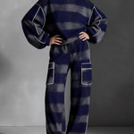 Long Sleeves Loose Contrast Color Line Split-Joint Striped Round-Neck Sweatershirt