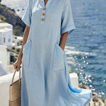 Women'S Casual Solid Color Button-Down Dress With Pockets