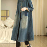 A-Line Long Sleeves Buttoned Pockets Round-Neck Midi Dresses Outerwear
