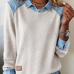 Women'S Casual Lapel Denim Stitching Pullover Sweatshirt