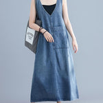 Loose Sleeveless Denim V-Neck Midi Dress