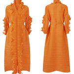Original Loose Long Sleeves Tied Pleated Falbala Solid Color V-Neck Maxi Dresses