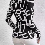 Long Sleeves Skinny Letter Print Split-Joint Mock Neck T-Shirts Tops