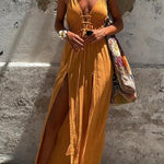 Linen Blend Elastic Waist Halter Backless Pocket Slit Midi Dress