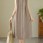 A-Line Sleeveless Buttoned Pleated Solid Color Round-Neck Midi Dresses