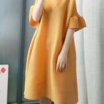 A-line Flared Sleeves Pleated Solid Color Round-neck Maxi Dresses Midi Dresses