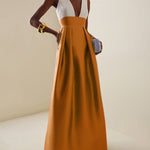 A-Line High Waisted Contrast Color Pleated Zipper Deep V-Neck Maxi Dresses