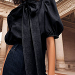 Long Sleeves Puff Sleeves Bow-Embellished Buttoned Split-Joint Tied High Neck Blouses&Shirts Tops