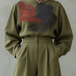 Long Sleeves Floral Printed Split-Joint Round-Neck Blouses&Shirts Tops