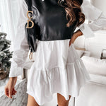 Long Sleeves Loose Contrast Color Pleated Split-Joint Lapel Mini Dresses