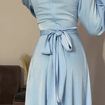 A-Line Long Sleeves Pleated Solid Color Tied Waist Zipper Mock Neck Maxi Dresses