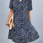 Short Sleeves Flower Print Split-Joint V-Neck Mini Dresses
