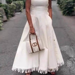 Halter Square Neck Side Button Fringe Flare Maxi Dress