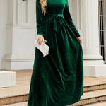 Long Sleeves Wrap Belted Pleated Solid Color Zipper Round-Neck Maxi Dresses