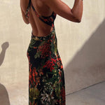 RAINFOREST PARADISE TROPICAL PRINT CUTOUT BACK CROSSOVER STRETCH MAXI DRESS