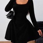 A-line High Waisted Pleated Solid Color Square-neck Mini Dresses