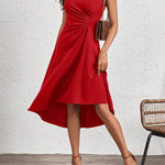 A-Line High Waisted Asymmetric Pleated Solid Color Split-Joint Round-Neck Midi Dresses