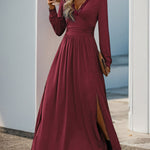 A-Line High Waisted Pleated Solid Color Split-Side V-Neck Maxi Dresses