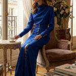 Split-Joint Heaps Collar Long Sleeves Pleated Blouses&Shirts Tops + Elasticated Waist Asymmetric Buttoned  Contrast Color Split-Side Zipper Skirts Bottoms Two Pieces Set