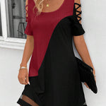 A-Line Loose Contrast Color Hollow Mesh Split-Joint Cold Shoulder Mini Dresses