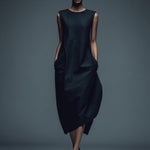 Women's Black Structured Woven Dress With Sleeveless Silhouette & Side Pockets, Timeless Minimalist-Chic Style Dress