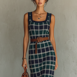 Women's Minimalist Checkered Knit Square-neck Sleeveless Maxi Dress With Belt