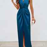 Bodycon High Waisted Elasticity Knot Solid Color Split-Front Split-Joint Zipper V-Neck Maxi Dresses