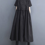 Simple Short Sleeves Loose Buttoned Falbala Split-Joint Solid Color Midi Shirt Dress