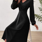 A-Line High Waisted Elasticity Knot Pleated Solid Color V-Neck Midi Dresses