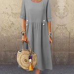 A-Line Loose Buttoned Pleated Round-Neck Midi Dresses