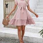 A-Line Loose Buttoned Pleated Polka-Dot Tied Waist Round-Neck Mini Dresses