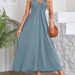A-Line Loose Pleated Solid Color Split-Joint Deep V-Neck Maxi Dresses